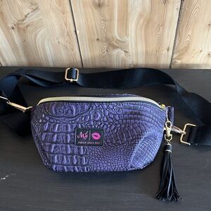Purple Croc-Embossed Makeup Junkies Crossbody Belt Bag w/ tassel adjustable belt